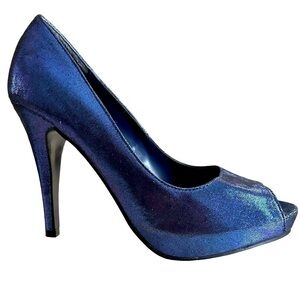 Call it Spring Iridescent Blue/Purple Peep Toe Platform Heels